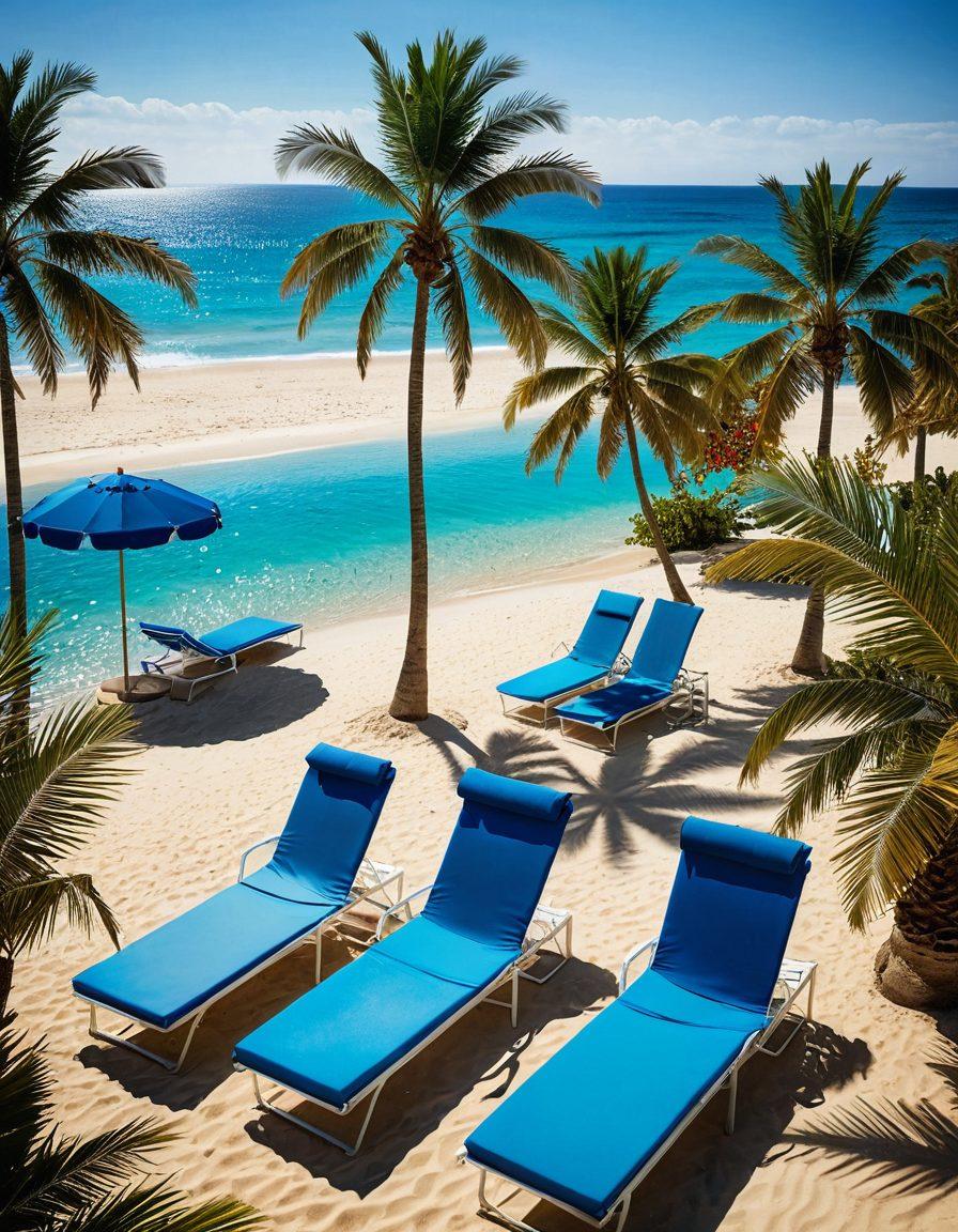 A vibrant summer scene featuring a stylish beach and a luxurious poolside, showcasing an array of colorful swimwear pieces on mannequins. Include palm trees, sun loungers, and sun hats to complement the fashion display. The atmosphere should exude relaxation and joy, inviting viewers to envision their ultimate summer escape. Incorporate bright blue waters and golden sands for contrast. super-realistic. vibrant colors. sunny ambiance.